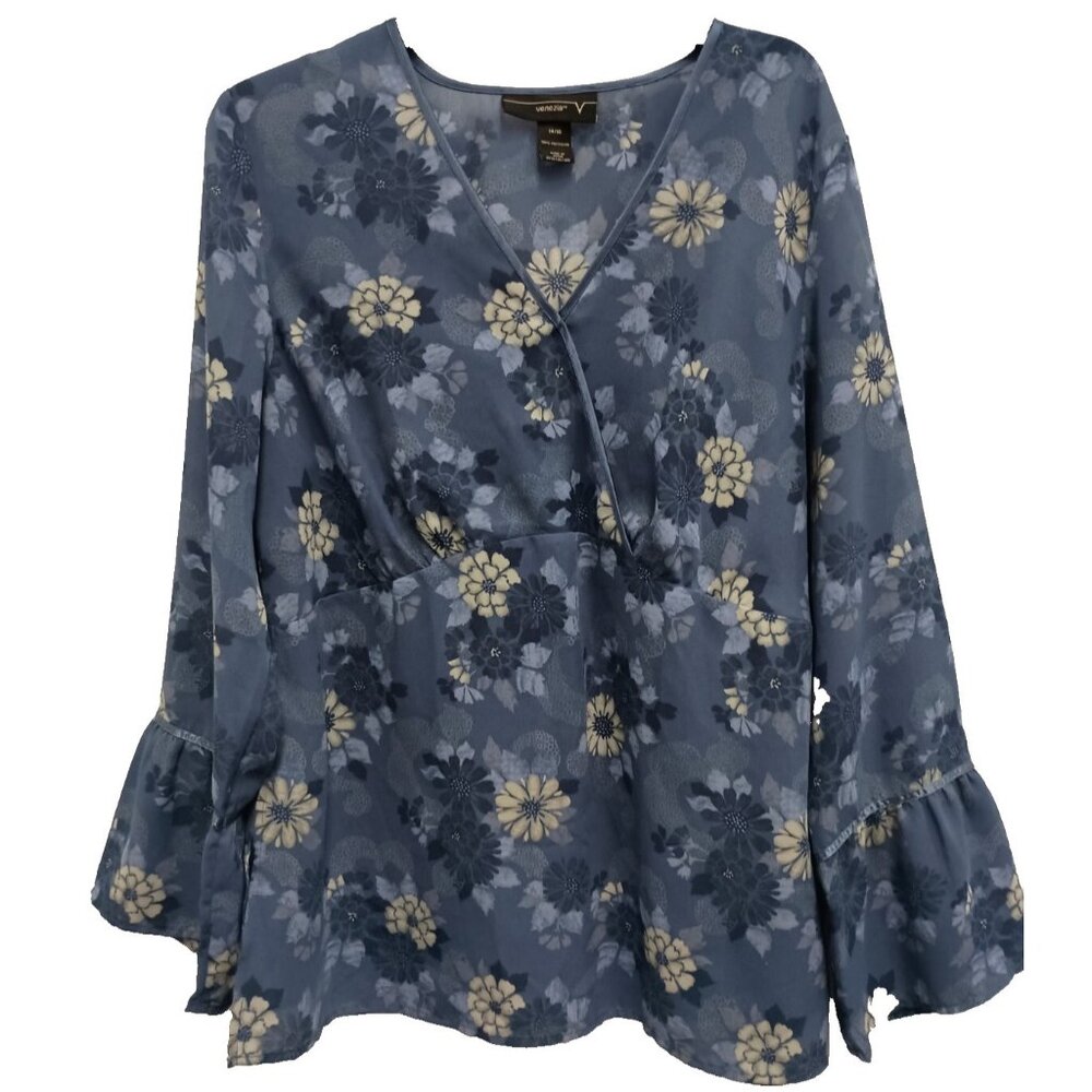 Vintage‎ Venezia Womens BOHO Blouse Top Size 14/16 Blue Floral Bell Sleeve Fairy